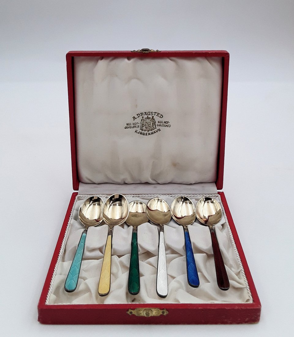 DANISH ENAMELLED STERLING COFFEE SPOONS: Copenhagen, circa late1940s Maker: Aage Dragsted Harlequin set of six spoons in original box, having fine enamel work to backs and handles. 4" long