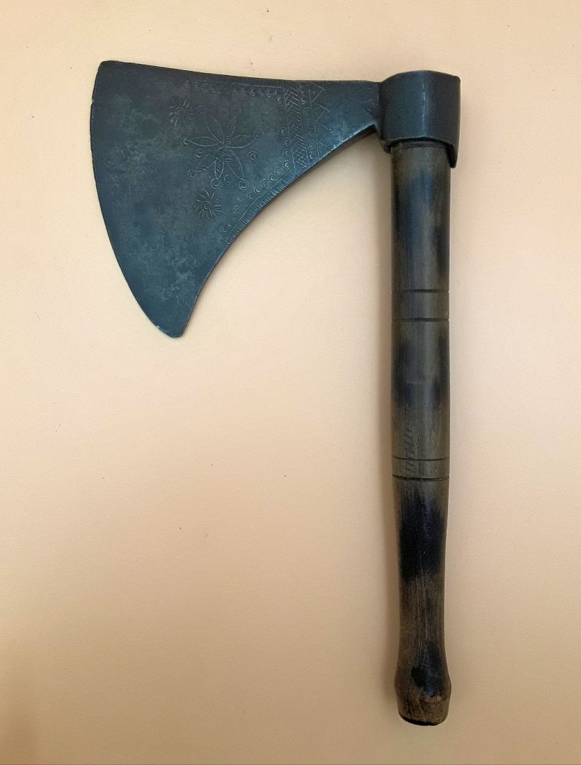 HAND FORGED SHORT-HANDLED AXE: Rare hand-forged iron hatchet, with detailed hand-etched design and original wood handle. Appears to be the makers mark carved into the handle. 10”x6”