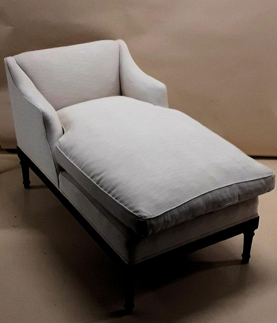 VINTAGE CHAISE LONGUE: Louis XVI style chaise longue circa 1940s Elegant with wood frame and reeded legs. Upholstery is in good condition with a feather cushion. 28.5" h x 28" w x 44" long