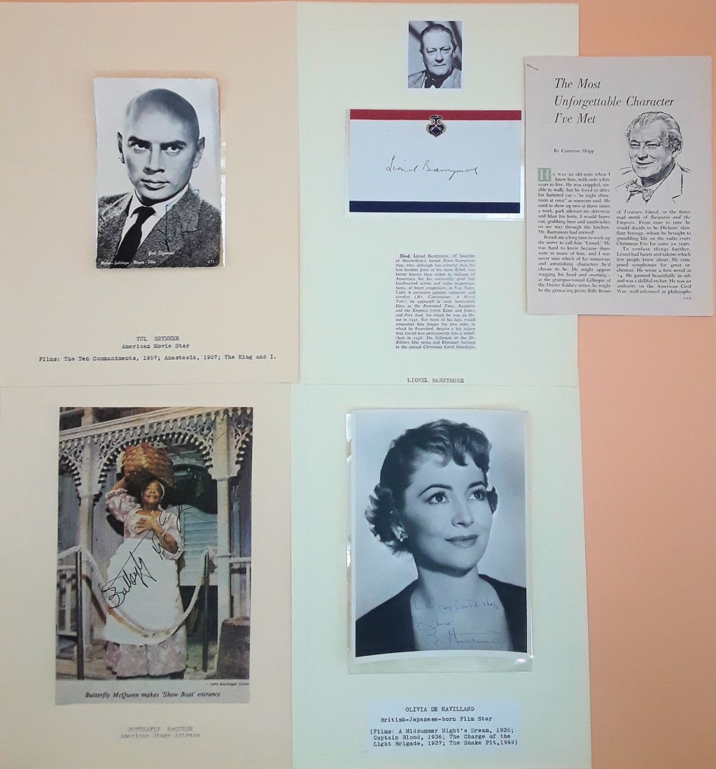 HOLLYWOOD GOLDEN AGE STARS: This is a nice lot of eight autographed photos of stars of film and stage. Included are: Anne Baxter; Yul Brynner; Bette Davis; Doris Day; Olivia de Havilland; Beatrice Lillie; Butterfly McQueen and J