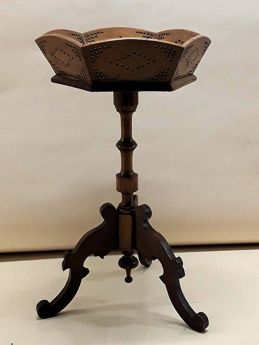 ANTIQUE QUEBEC WORK TABLE: Quebec, Canada, circa 1880s Single pedestal tripod table topped by a pierced wooden work basket. 29.25" h x 17.5" w
