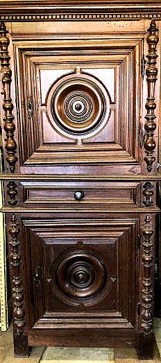 19TH CENTURY RENAISSANCE REVIVAL CABINET: French, circa 1850 - 1880 Handsome cupboard in the Henri II manner Carved bull's eye detail Some condition issues and losses 80" h x 36" w x 36.5"d