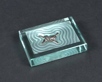 BILL REID, STERLING FROG PIN: Bill Reid, Haida, Canadian, 1920 - 1998 Beautiful "Frog" in sterling silver on a custom designed glass base. Early casting, designed 1971. Signed with the Wolf logo during his lifetime. The