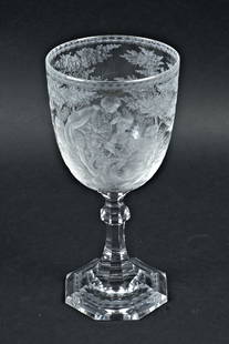 LATE 19TH C BOHEMIAN OR ENGLISH INTAGLIO GOBLET: Excellent late 19th century Intaglio etched goblet with a romantic couple courting on a bench in a woodland setting. This is a fantastic work of art. 9.75"h x 4.5" diameter