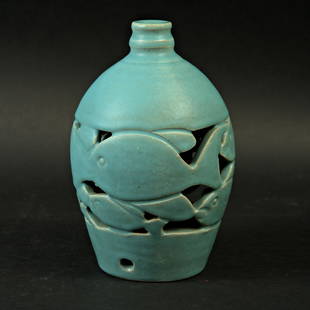 VERY RARE DEICHMANN ART POTTERY FISH LAMP: Kjeld and Erica Deichmann Danish-Canadian, mid 20th century Unusual pierced glazed lamp base with a fish theme. Purportedly, one of only a few examples of this vase. 8" h x 5" diameter