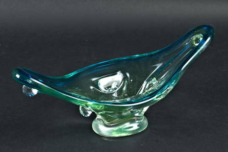 CHALET ART GLASS URANIUM GONDOLA BOWL: Canadian, circa 1960s - 1970s Lovely blue/green footed uranium glass Gondola form bowl. Unsigned. 6" h x 13.5" w x 5.5" d