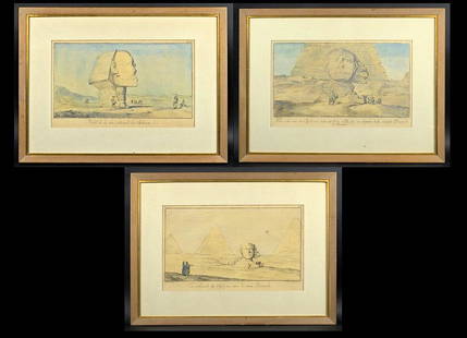 RARE 18TH CENTURY PRINTS OF THE SPHINX, EGYPT: Three original 18th century copper engravings of "The Sphinx" from three perspectives. "Profil de la tete colossale du Sphynx" ; "Tete colassale du Sphynx, vue en face........" ; "Tete colossale