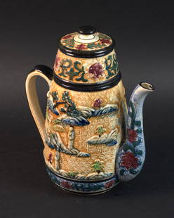 ANTIQUE ASIAN POLYCHROME TEAPOT: Asian, possibly Chinese, circa late 19th - early 20th century Colourful, ornate glazed pottery teapot with figures in floating garden settings. The crackling appears to be intentional as in a raku