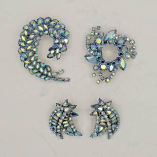 VINTAGE SHERMAN PIN, EARRINGS AND BROOCH: Canada, circa 1950s First quality crystal jewellery including a "Fern" pin and matching earrings and "Comet" design brooch