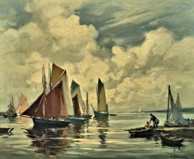 HENRI BARNOIN, "BATEAUX DE PECHE, PORT BRETON": Henri Alphonse Barnoin, French, 1882 - 1940 "Bateaux de peche, Port Breton" oil on canvas Charming image of boats with sails raised with a man on the pier apparently passing items to a sailor in a