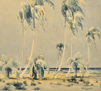 GRAHAM NORWELL, CARIBBEAN SCENE: Graham Noble Norwell, 1901 - 1967 "A Caribbean Beach" Watercolour, 13" x 14.5" Matte could be replaced.