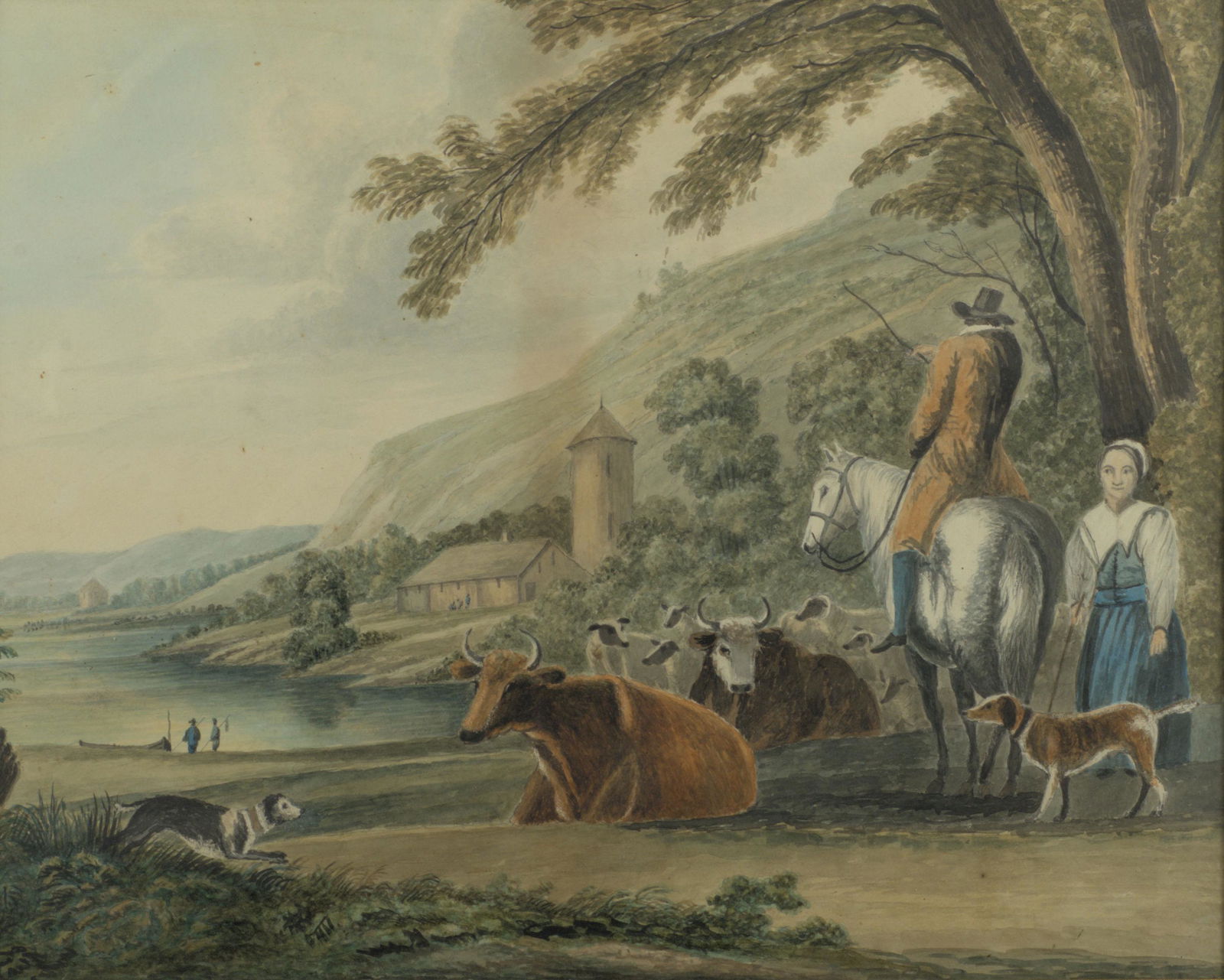 GOOD 19TH CENTURY PASTORAL WATERCOLOUR (1 of 3)