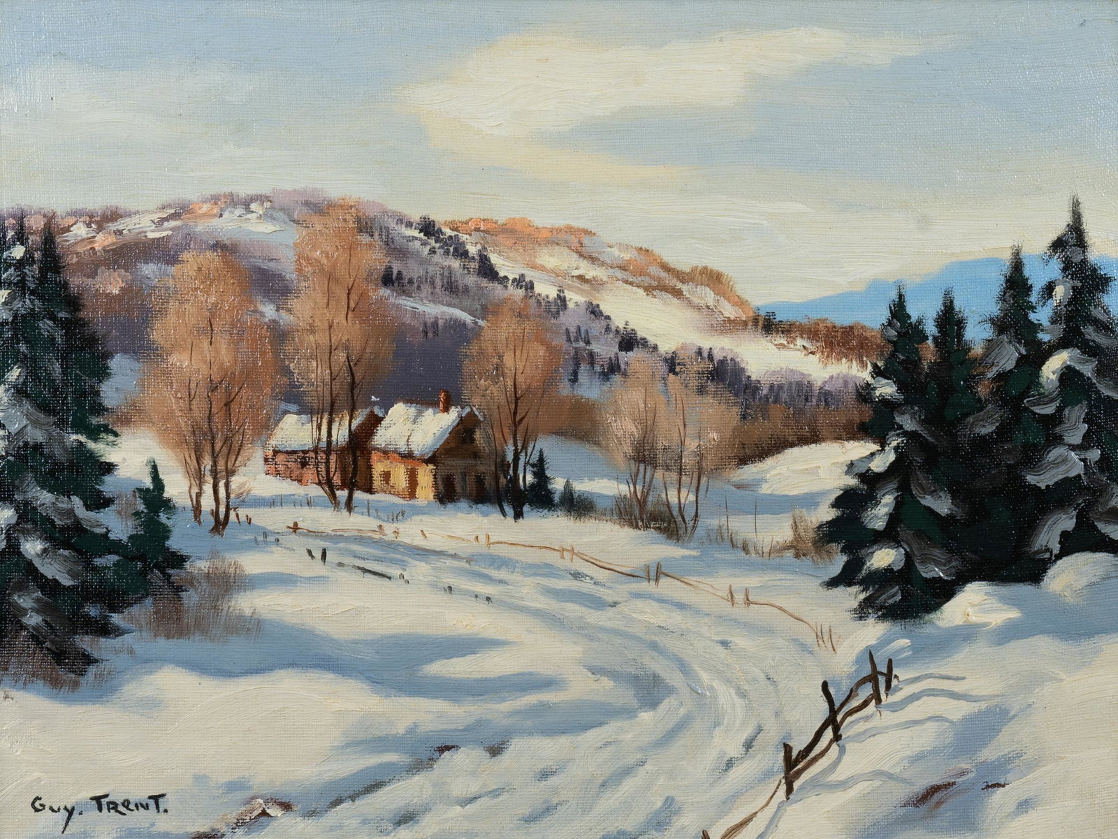 GUY TRENT, OIL PAINTING: Guy Trent, Canadian, 20th century. "Winter Farm". Oil on board. 12" x 16"