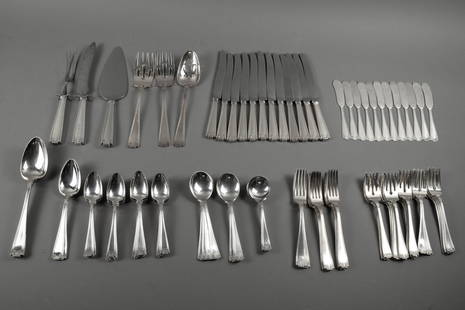 GORHAM STERLING FLATWARE SERVICE: United States, Gorham Manufacturing Company. A large 111 piece sterling silver service almost complete for 12 in the classic Etruscan pattern manufactured from 1913 - 1991. This service comprises: 12