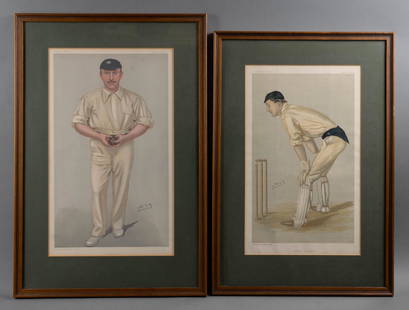 ANTIQUE VANITY FAIR CRICKET PRINTS: England, circa 1905. Artist, Spy; Vincent, Day, Brooks and Son, Lithographers. Two chromolithograph prints of cricketers, Oxford Cricket and Yorkshire. 12.25" x 7.25" and 13.75" x"8"