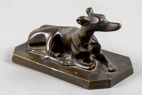 BRONZE WHIPPET SCULPTURE: European, possibly French, early 20th century. Charming scupture of a whippet dog resting. 3" x 5.5" x 3".