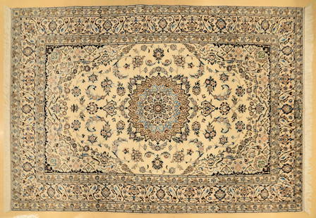 VINTAGE NAIN RUG: Iran, last quarter 20th century. Fine hand-knotted wool on cotton rug in good condition. Approx. 53.5' x 79"
