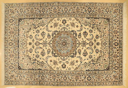 VINTAGE NAIN RUG: Iran, last quarter 20th century. Fine hand-knotted wool on cotton rug in good condition. Approx. 53.5' x 79"