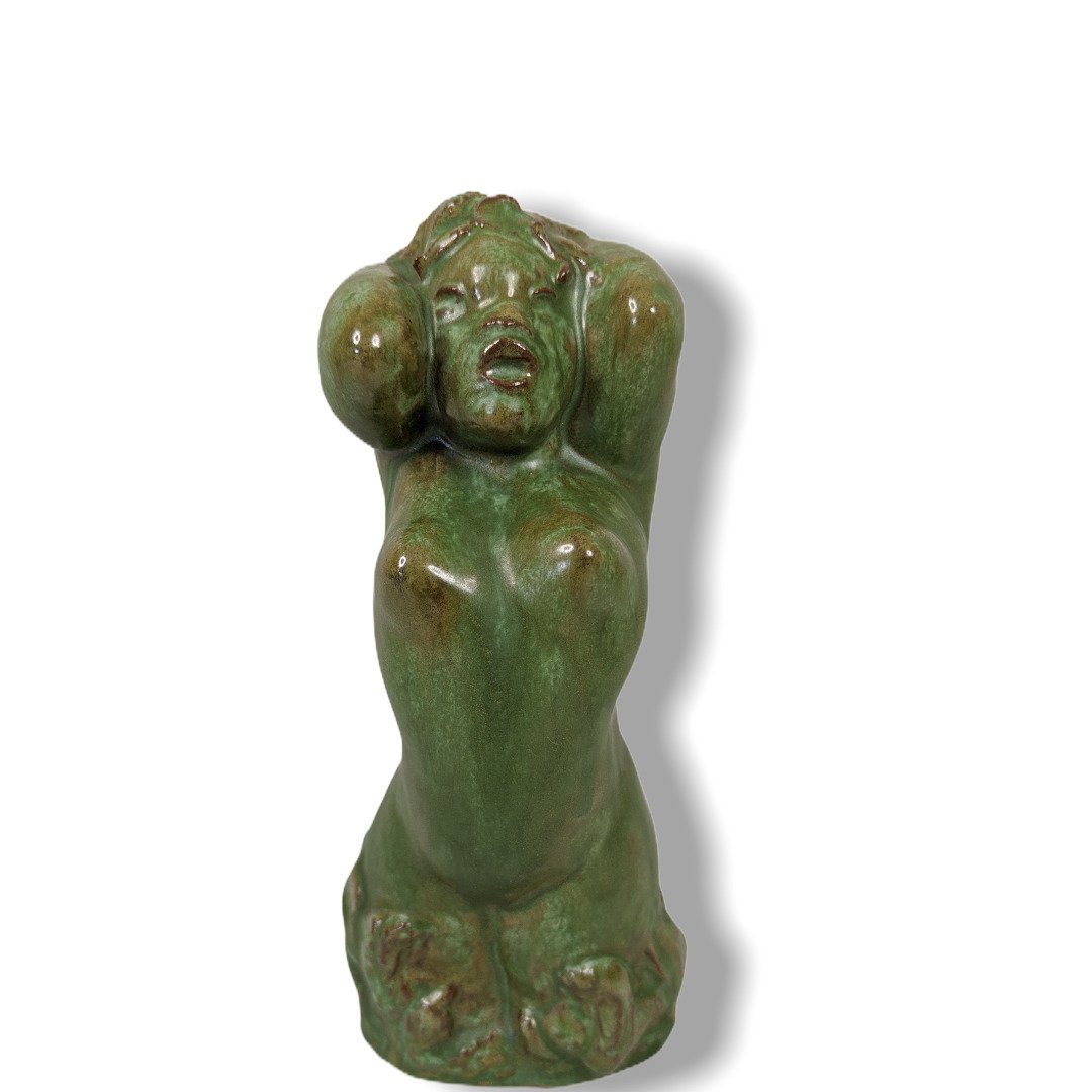 155 Walter Sinz Pottery Cleveland School: Studio Potter Walter Sinz woman in relief Cleveland School also worked for Cowan 2.5" W x 6" H