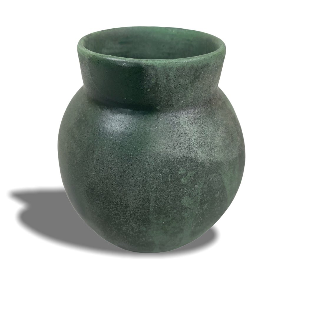 Teco shape 521: Well glazed and heavily charcoaled. Inscribed 521 stamped Teco 4"H x 3 1/2"W