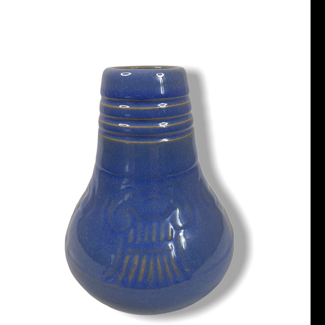 UND Wheat vase: University of North Dakota School of Mines shape 164. Artist signed (likely Huck, H with a circle) with wheat stalks. 4" W x 4.5" H