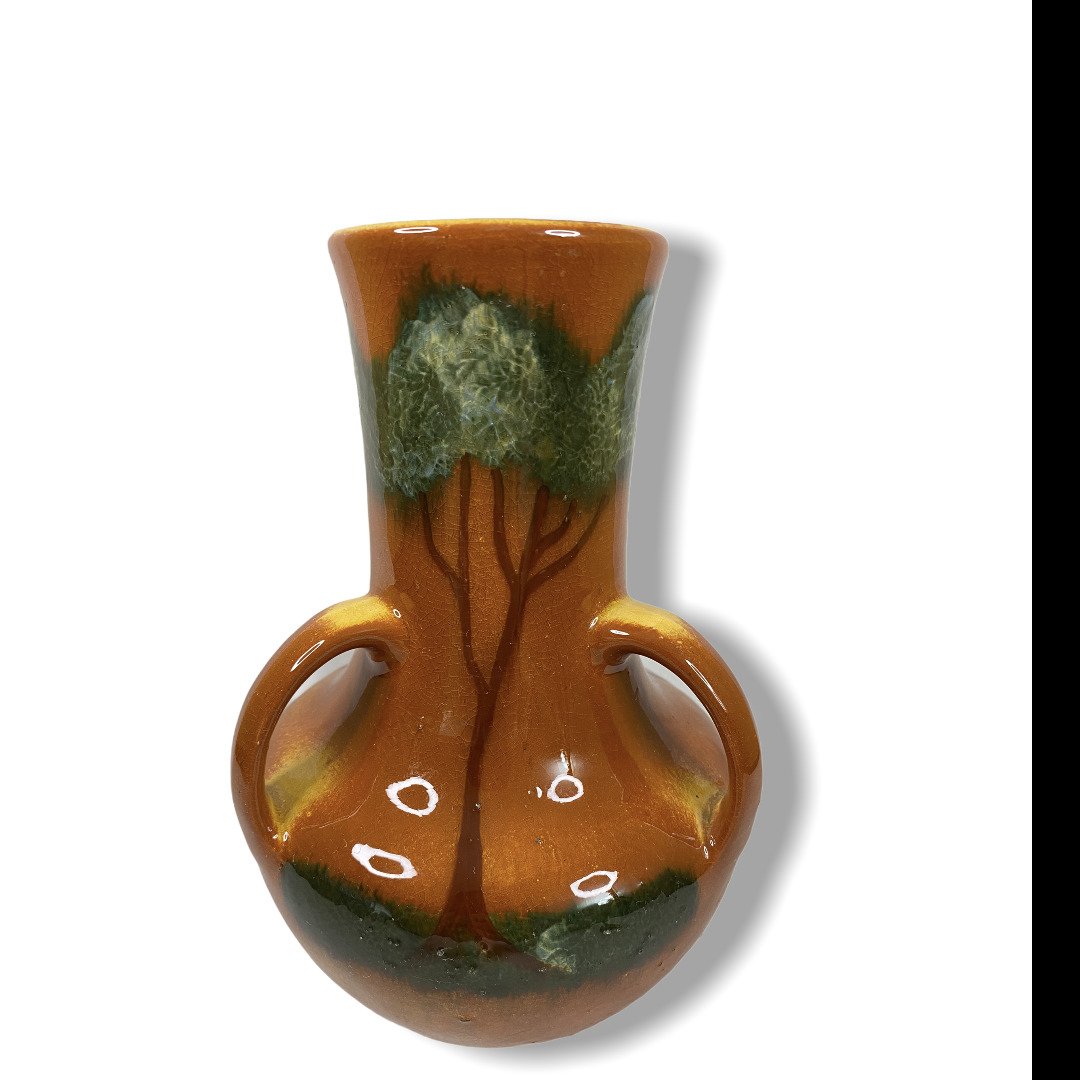 Weller Pottery 4 handled Jap Birdimal Faience Vase: Weller Pottery Rhead Jap Birdimal Faience handled Vase featuring Landscape . 5" W x 8" H