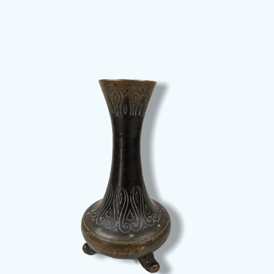 Norse Pottery: Norse Pottery with carved design. Dragon headed feet. Shape 59. 3.5" W x 6.5" H