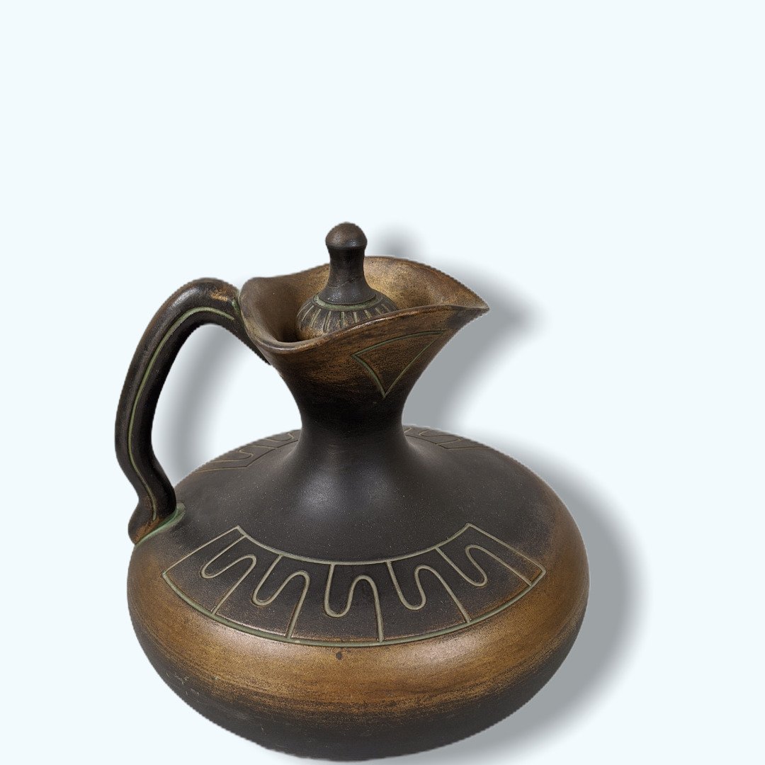 Norse Pottery: Unusual Norse Pottery Pitcher with original stopper. Shape 46. 7" W x 7" H
