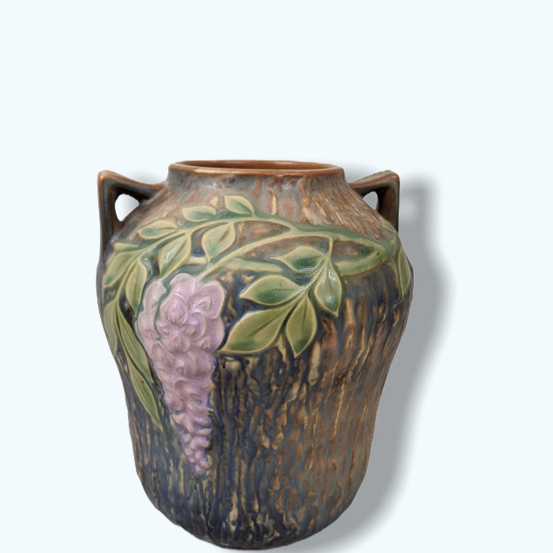 Roseville Wisteria Pottery: Roseville Pottery Wisteria 634-7 Another strong mold and color with original sticker. 5" W x 7" H