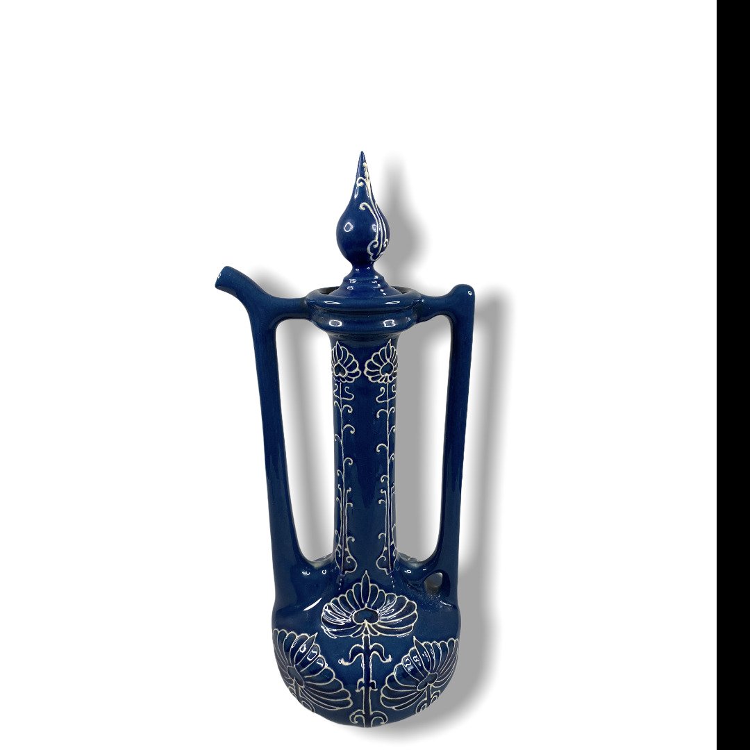 Weller Jap Birdimal Pottery: Weller Pottery Jap Birdmal Squeezebag decoration. Signed LP. 6" W x 14" H. We believe it is marked Rhead in blue due to seeing other pieces of this line clearly marked in the same ink and font.