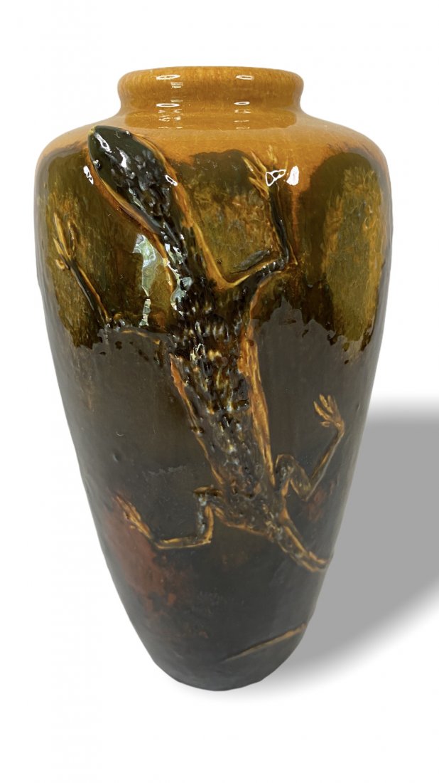 RARE Weller Hand carved Louwelsa of a Lizard and: Stunning and rare vase from the Louwelsa line. Lizard crawling up side of vase in search of the bug hiding on the rim. One of a kind for sure! 3.5" W x 7" H