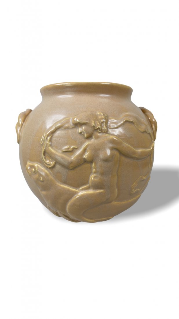 Weller Pottery: Very rarely seen line of Weller potter with mermaid on the front and seahorse on the back. Very strong relief on the vase. *Note: Color is more salmon than displayed in the photos 7.5" W x 7.5" H