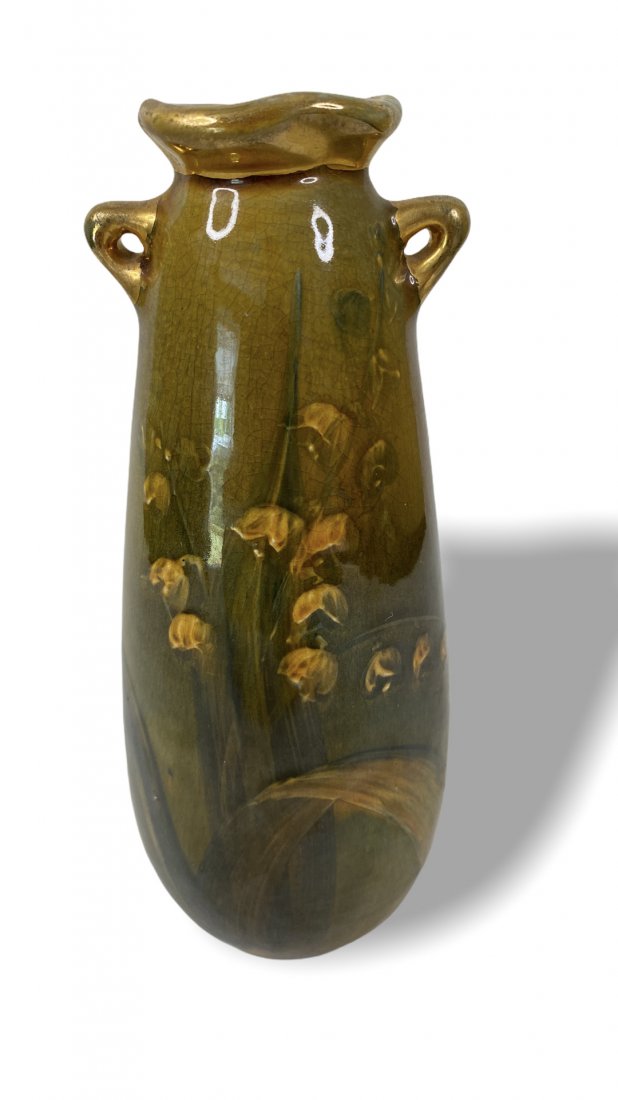 302 Standard Glaze with gold trim: Unknown Origin, English perhaps? Strong form and decoration unmarked 3" W x 7" H