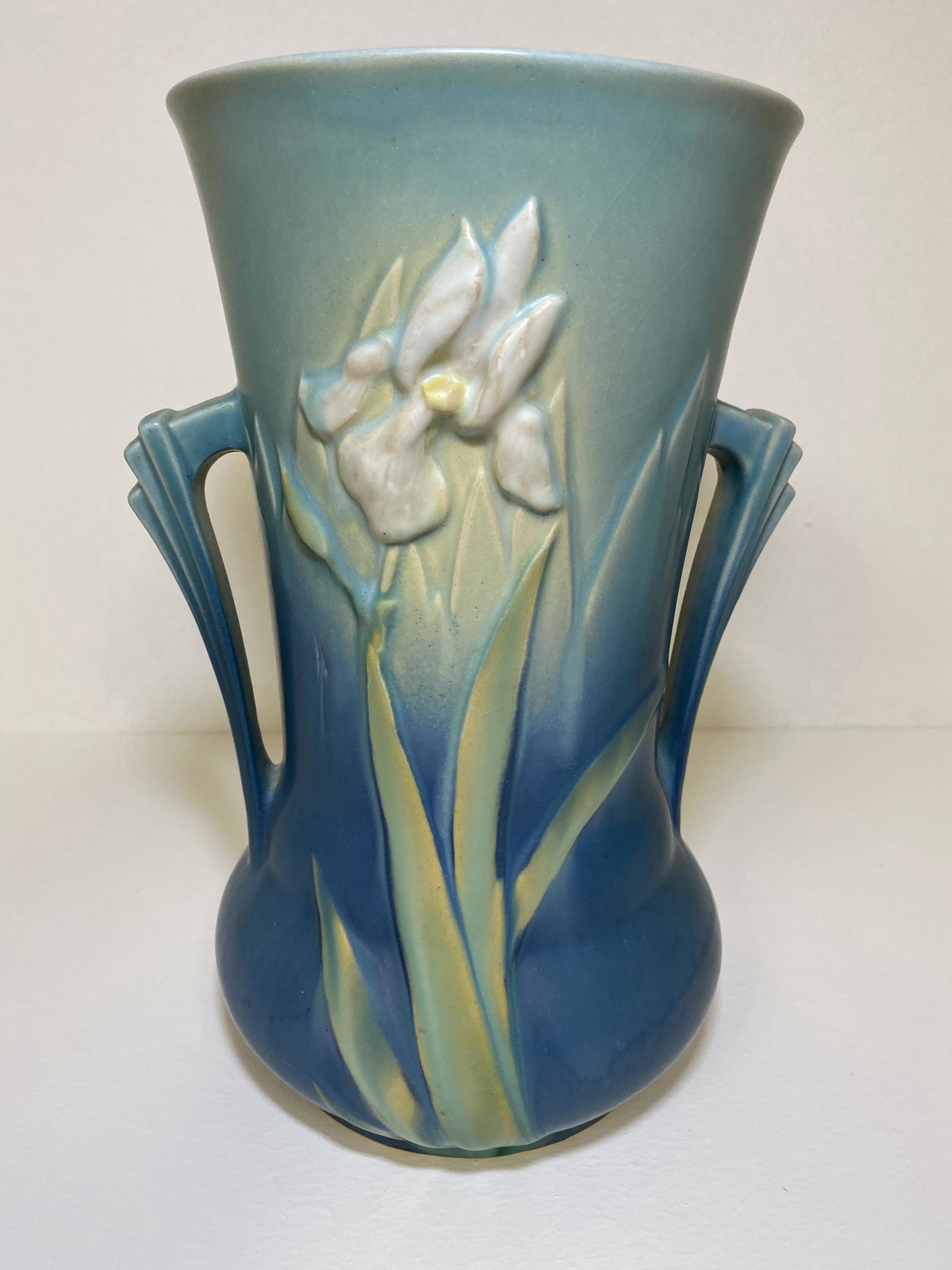 Roseville Pottery: Tall Blue Iris 927-10". 10 1/4" tall.