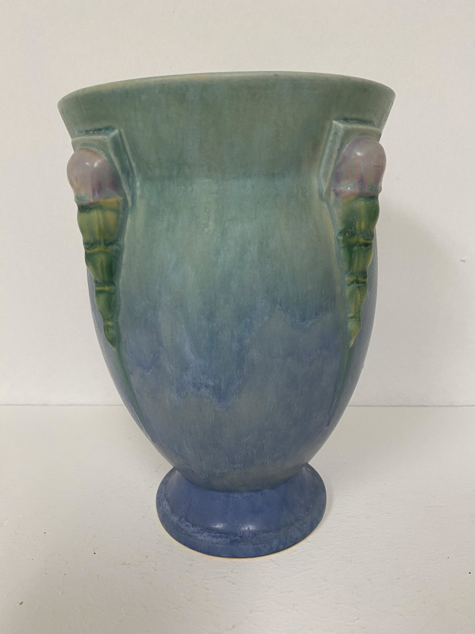 Roseville Pottery Vase: Topeo 4 handles fat mouth. 8 1/8" tall.