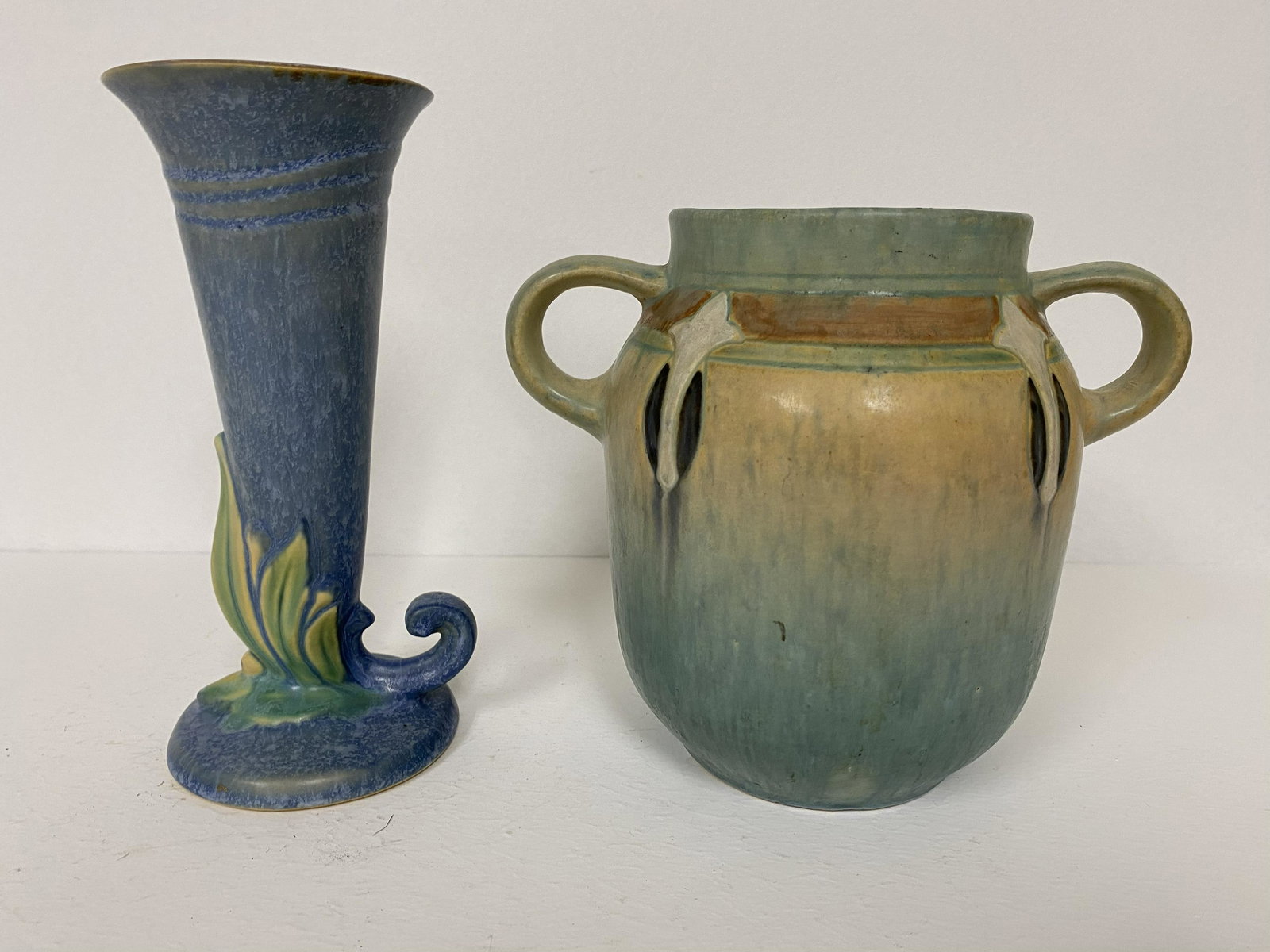 2 Roseville Pottery: 1 Monticello 6 1/4" Velmoss 7 3/8".