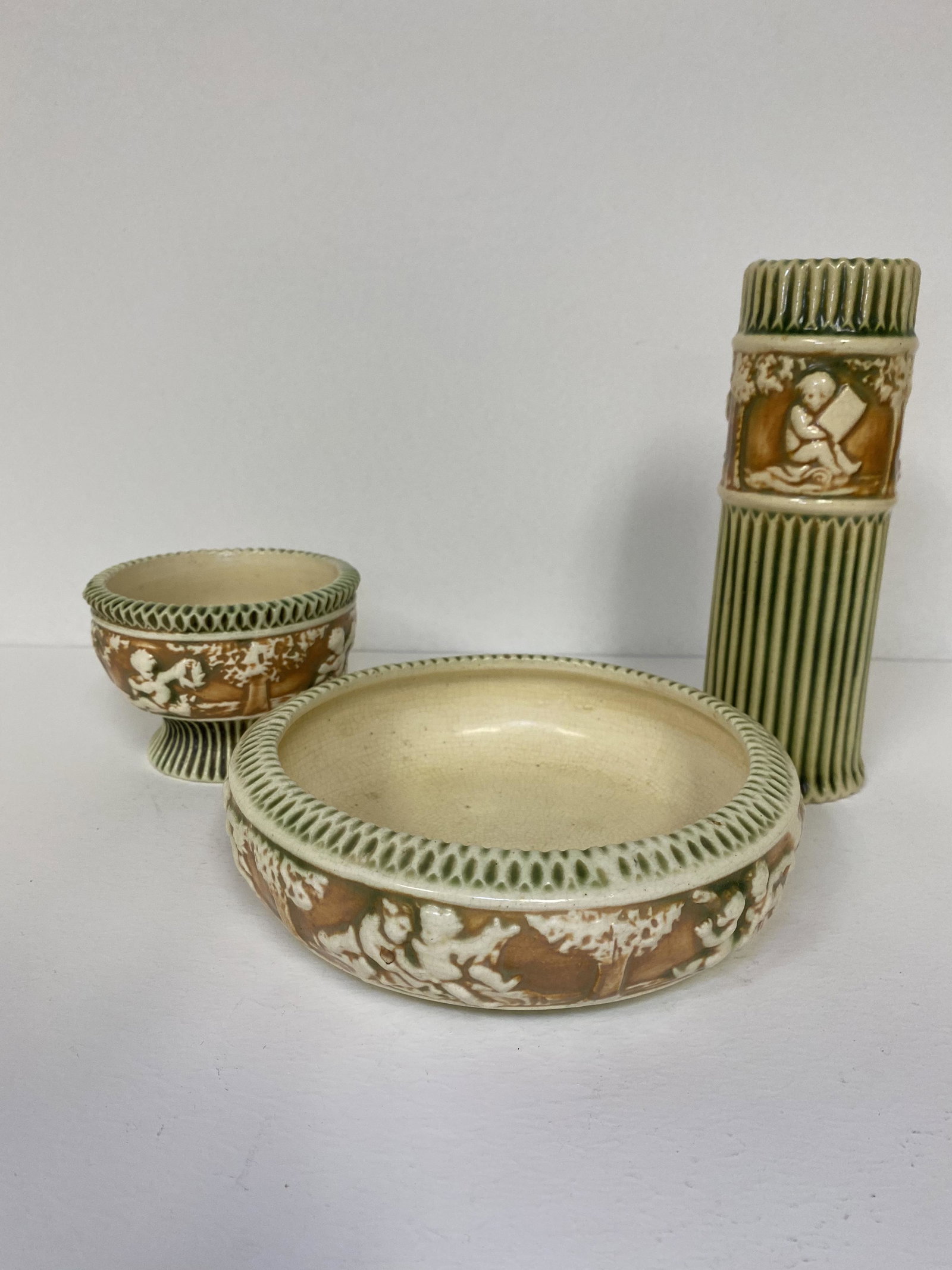 3 Roseville Pottery: Donatello 1 bowl 1 low bowl 1 cylinder Tallest 8 1/8".