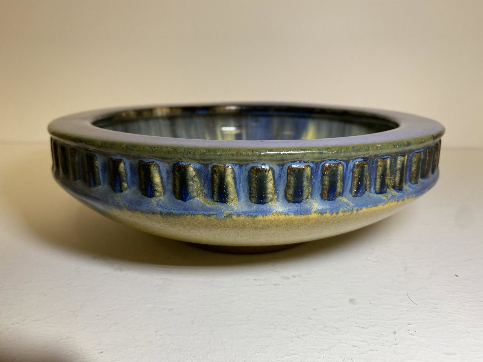 Fulper Pottery: Mustard and Blue Bowl 9" diameter