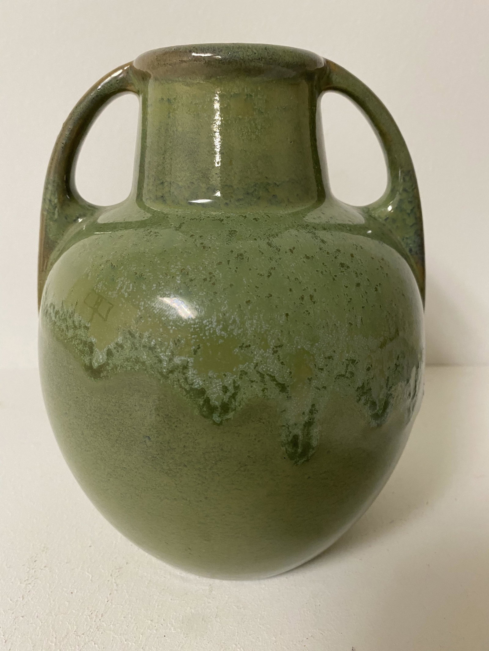 Fulper Pottery: Two-handled Green w/Drip Glaze 7 3/8"