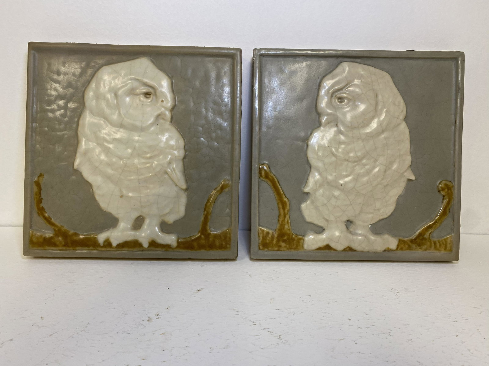 Rookwood Pottery: Pair of Owl Tiles Faience 8" x 8" square. As far as I can tell these are undocumented although they have a mold number. Gonna be hard to find another pair of these