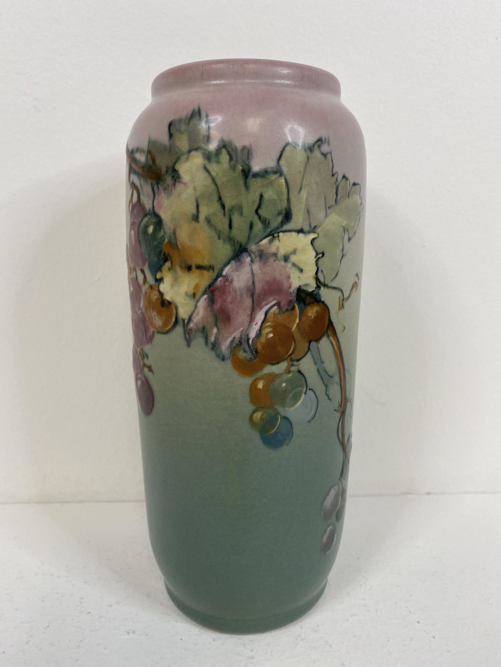 Weller Pottery Hudson/Perfecto: Grapes. 9 1/4". Artist signed--E. Roberts.