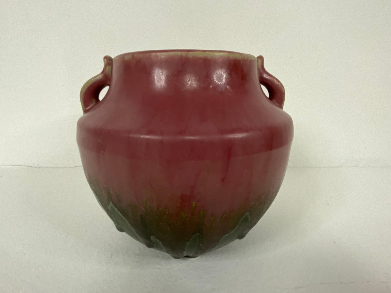 Fulper Pottery: Maroon over dark green heavy drip. Globbing. 6" tall.