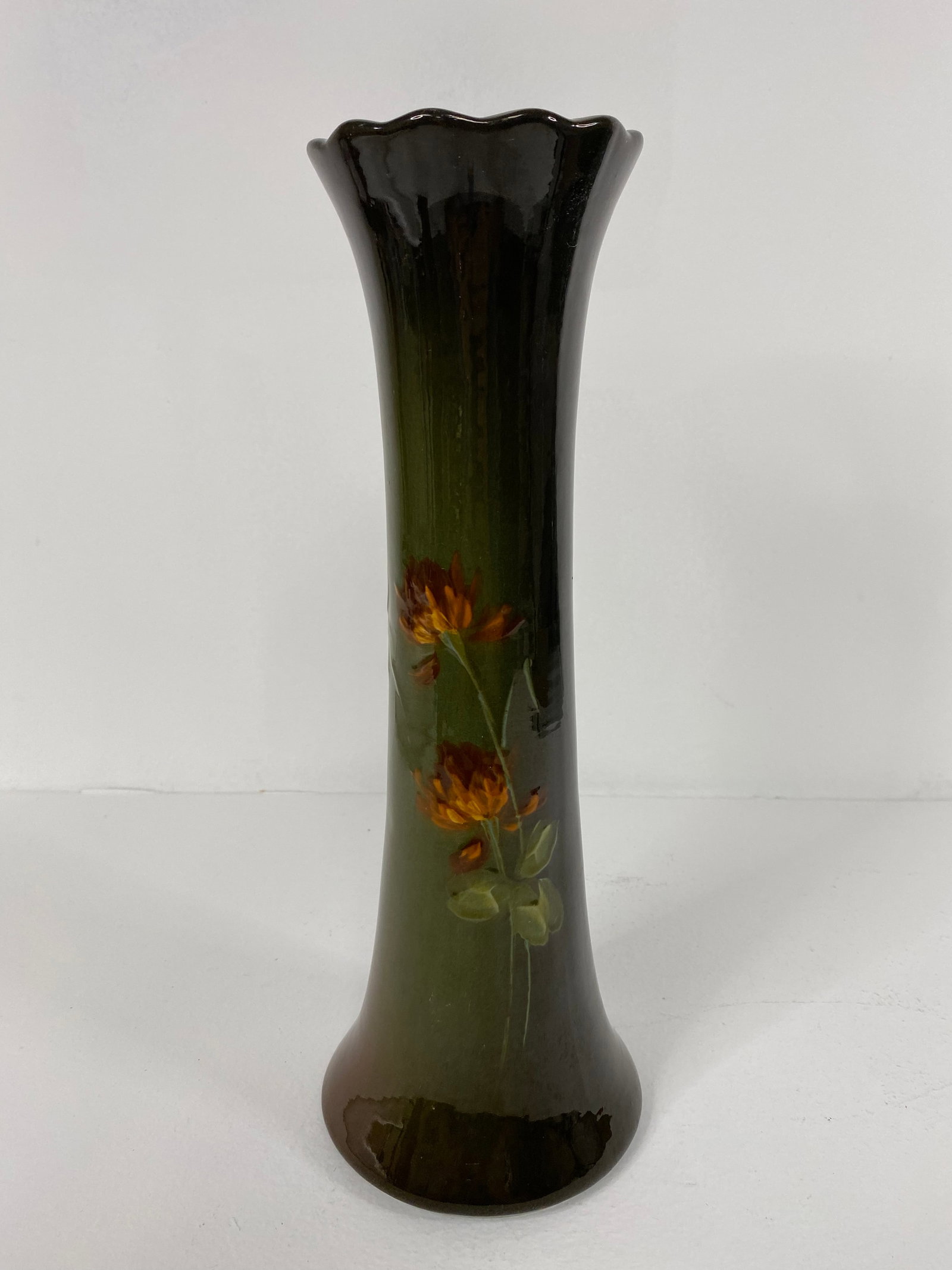 Roseville Pottery: Tall standard glaze vase unsigned and Roseville is a guessat 13" tall