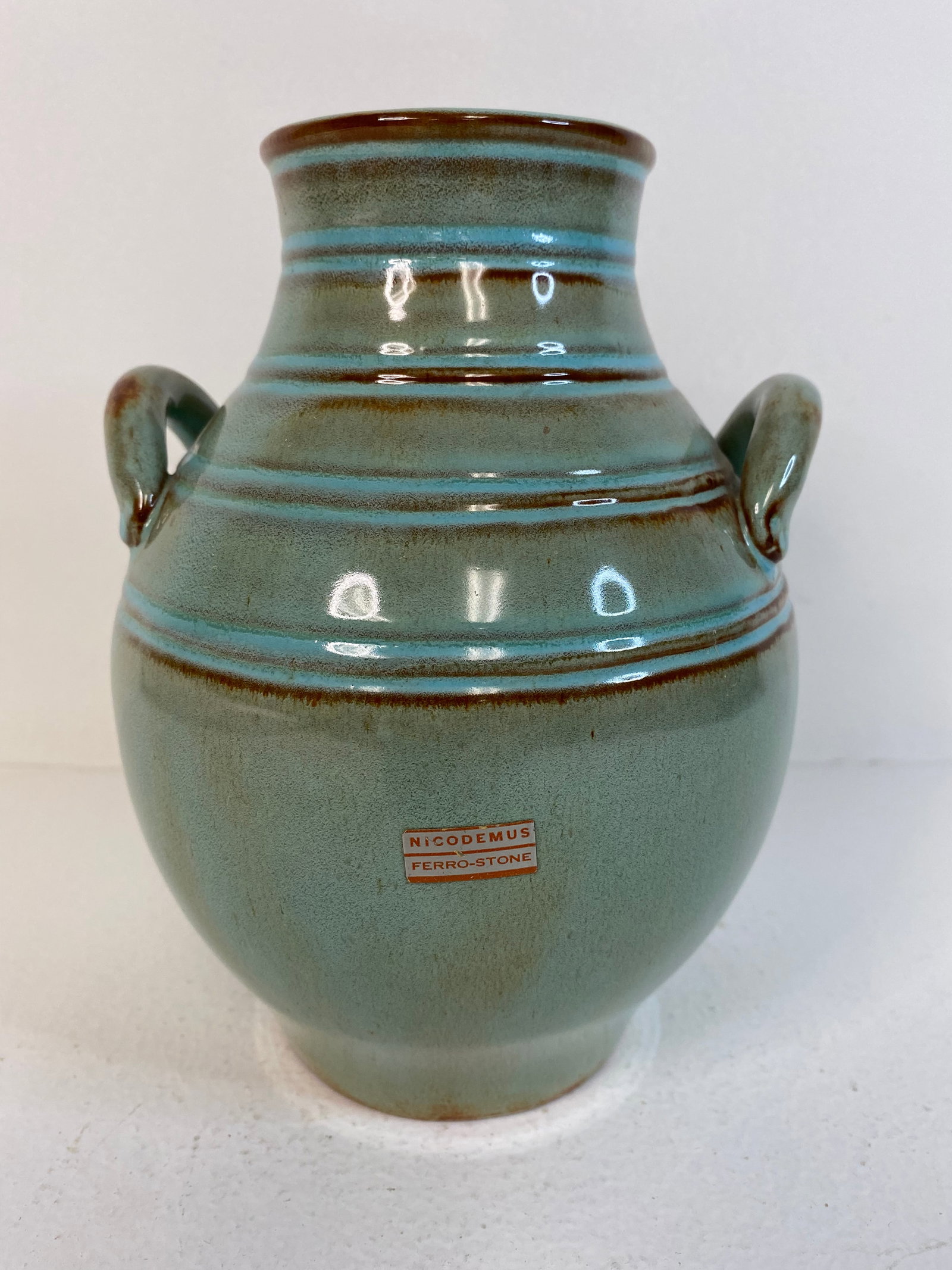 Nicodemus Pottery: Nice 2 handled vase with original sticker 7 5/8" tall