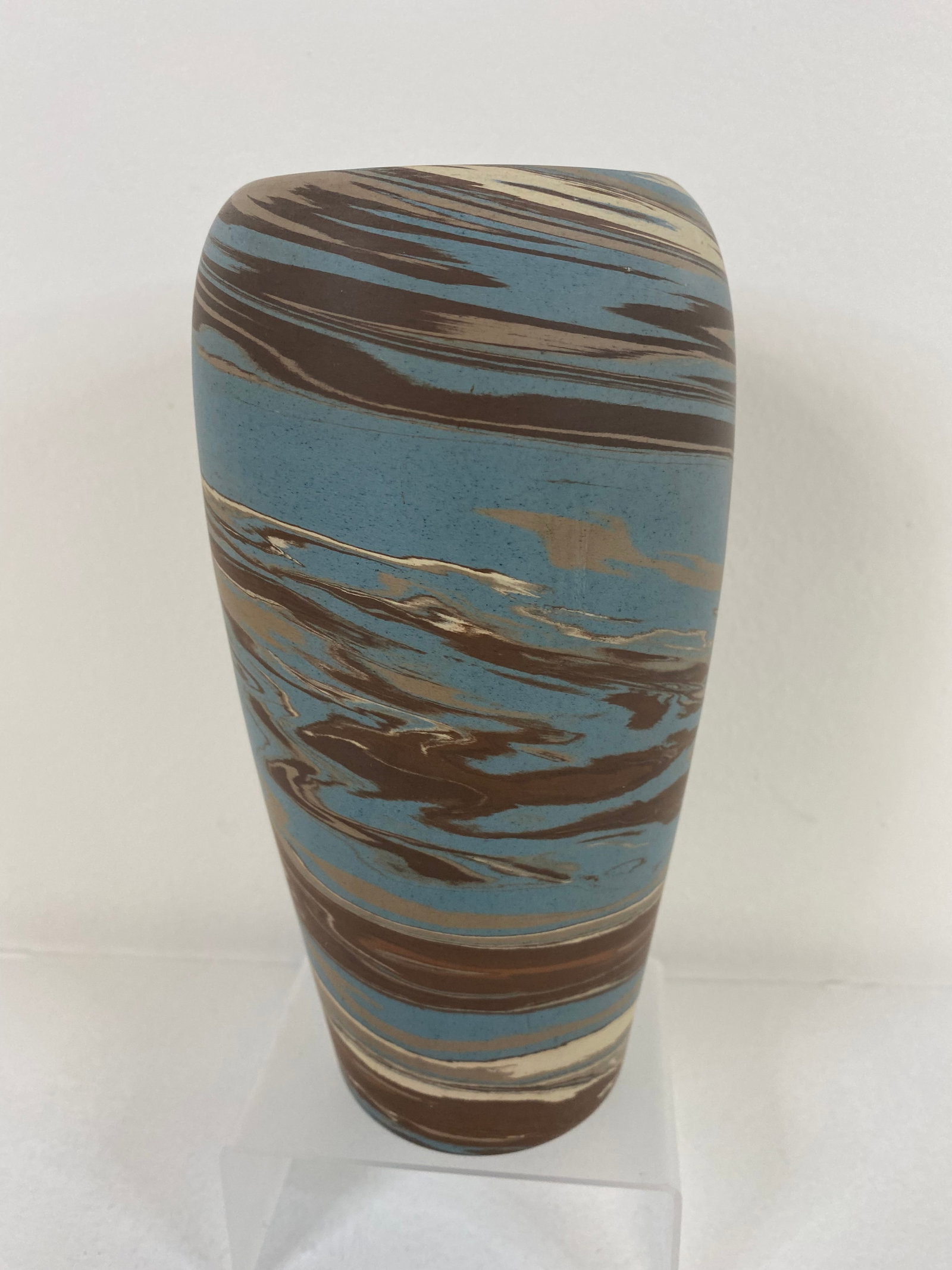 Niloak Pottery Mission Swirl: Unusual Form with Flower Frog 4 1/8" tall