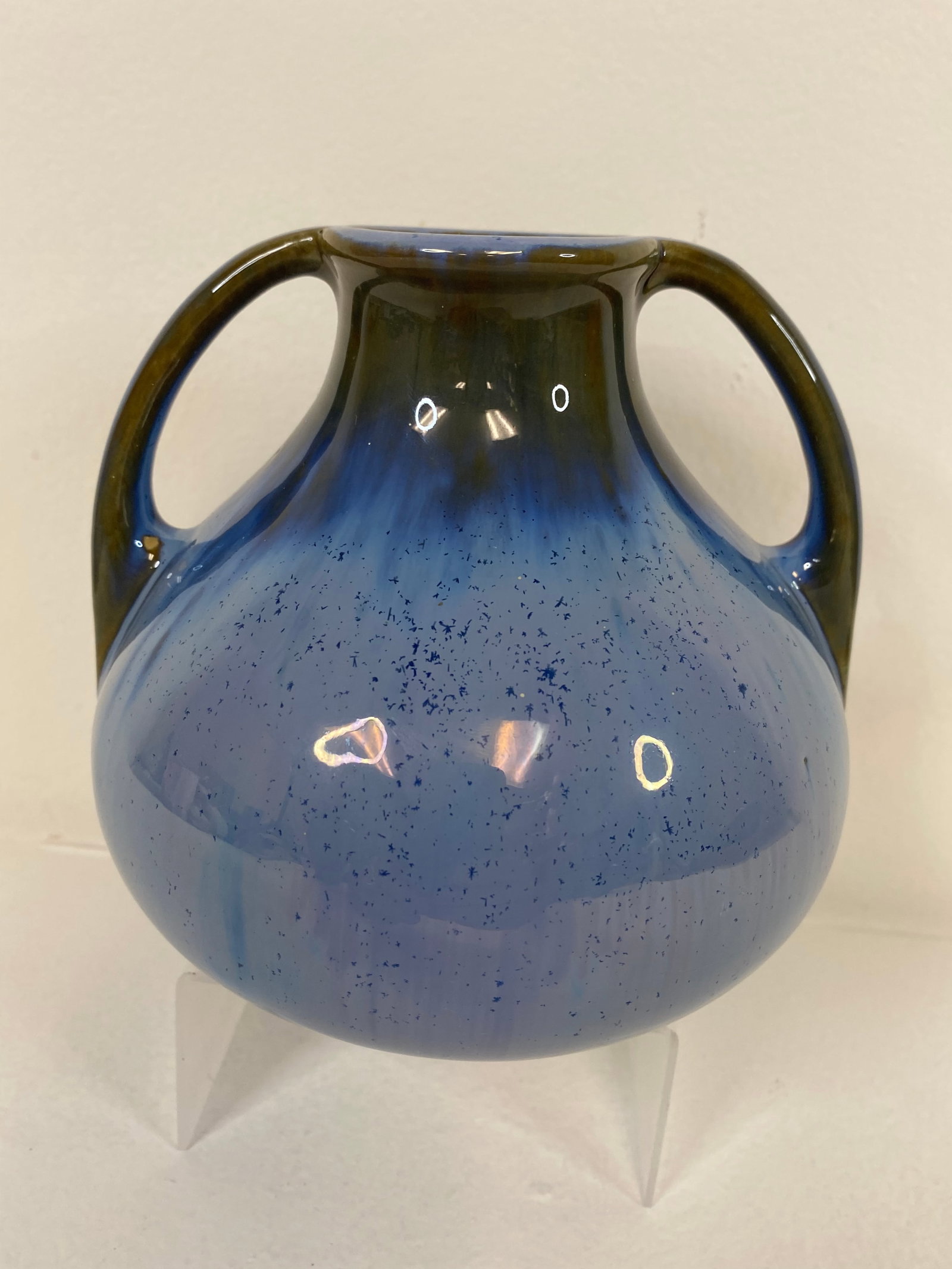 Fulper Pottery: nice 2 handled Blue over Brown. 5 3/4" tall