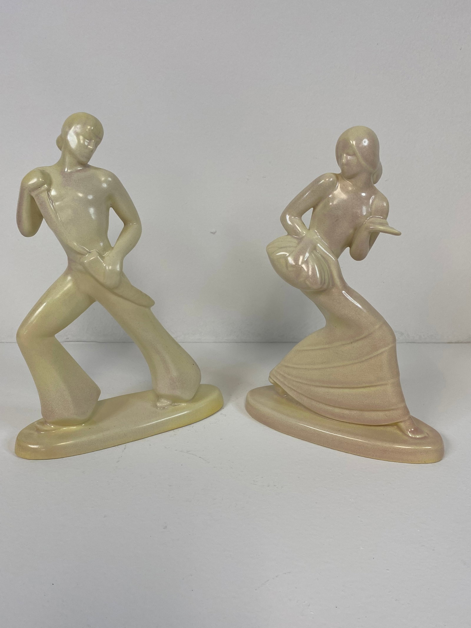 Cowan Pottery Dancers: 2 art deco dancers and a flower frog with with nude. Tallest is 9 1/4" tall
