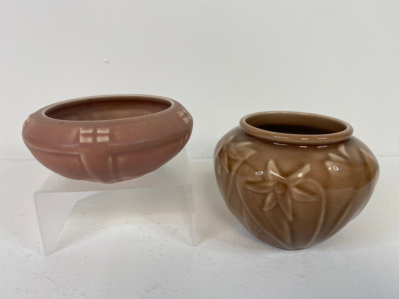 Rookwood Pottery: 2 production pieces small ponk bowl shape number 2133 and 4 3/8" wide and the high glaze sha[pe 6431 abdd made in 1956
