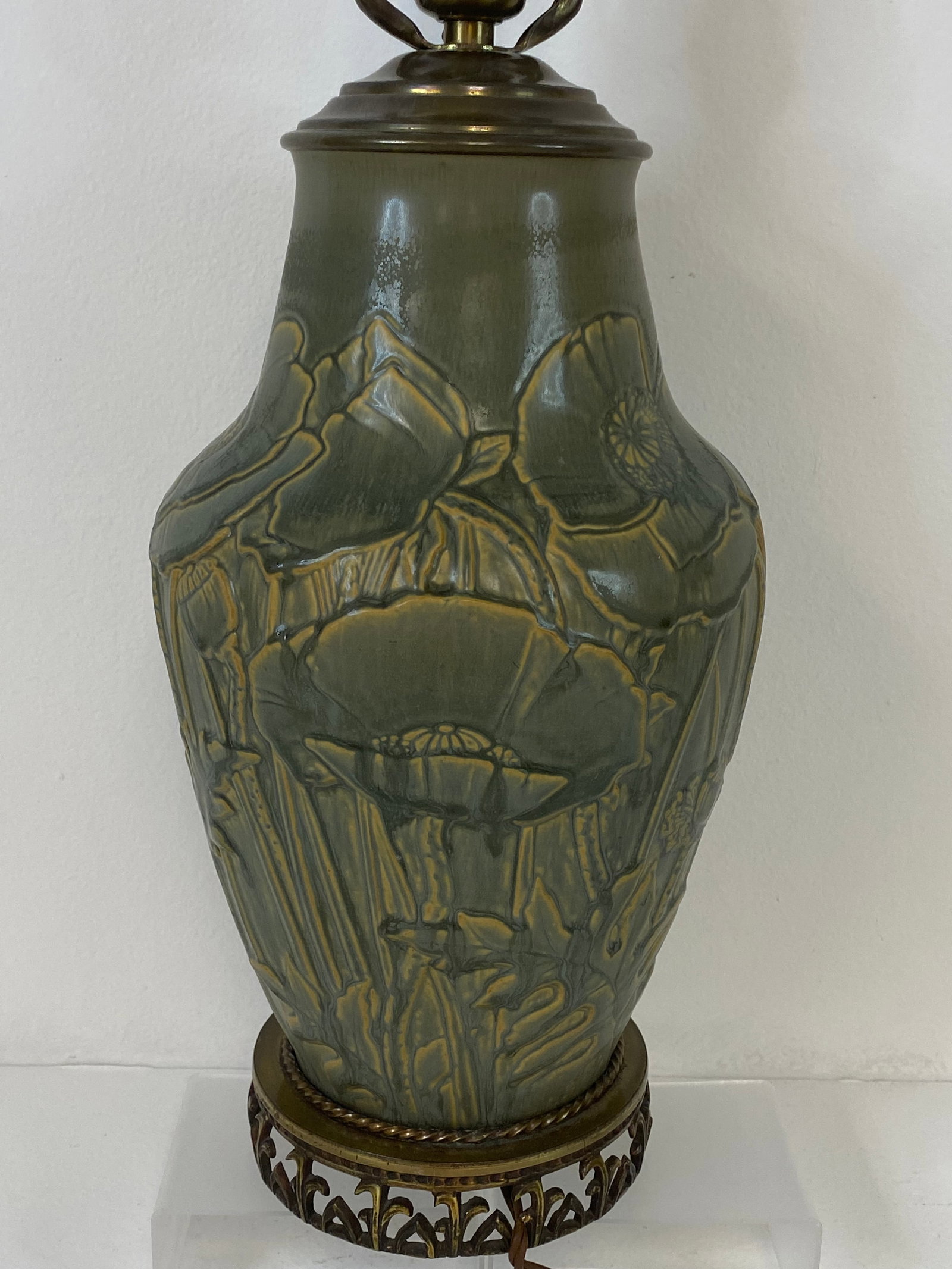 Rookwood Pottery: Great lamp with a deep maold and nice colors. Pottery portion around 11 1/2" tall