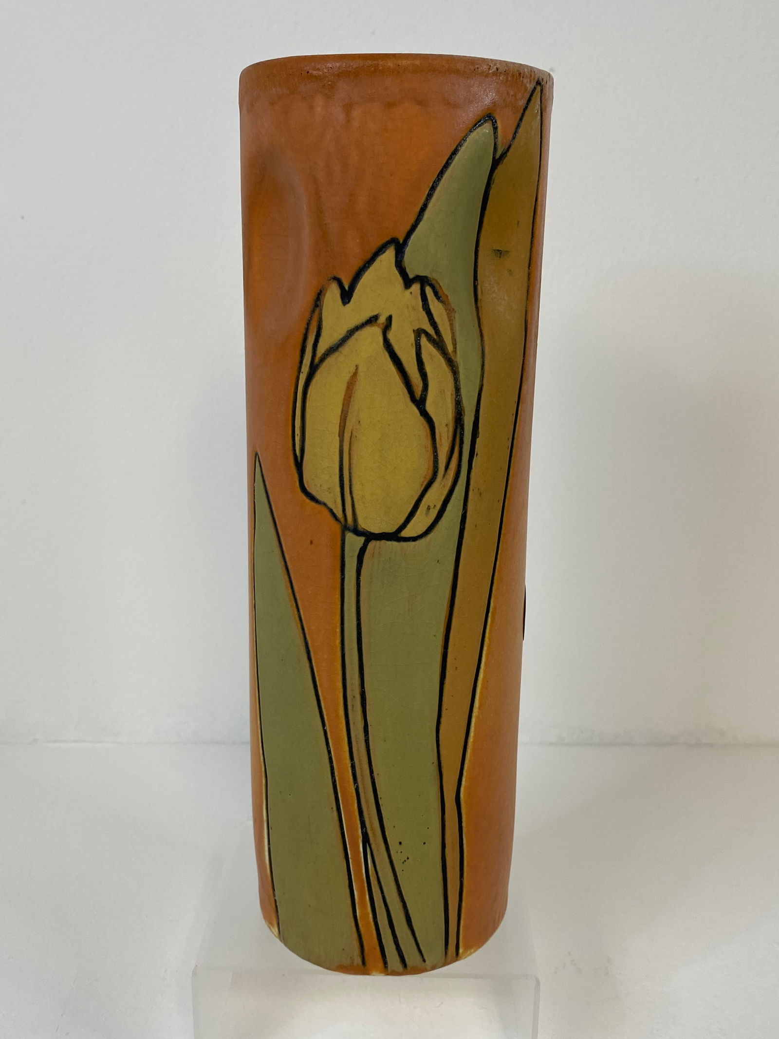 Weller Pottery etched matt: Nice tall cyndrical pinched form standiong 10" tall